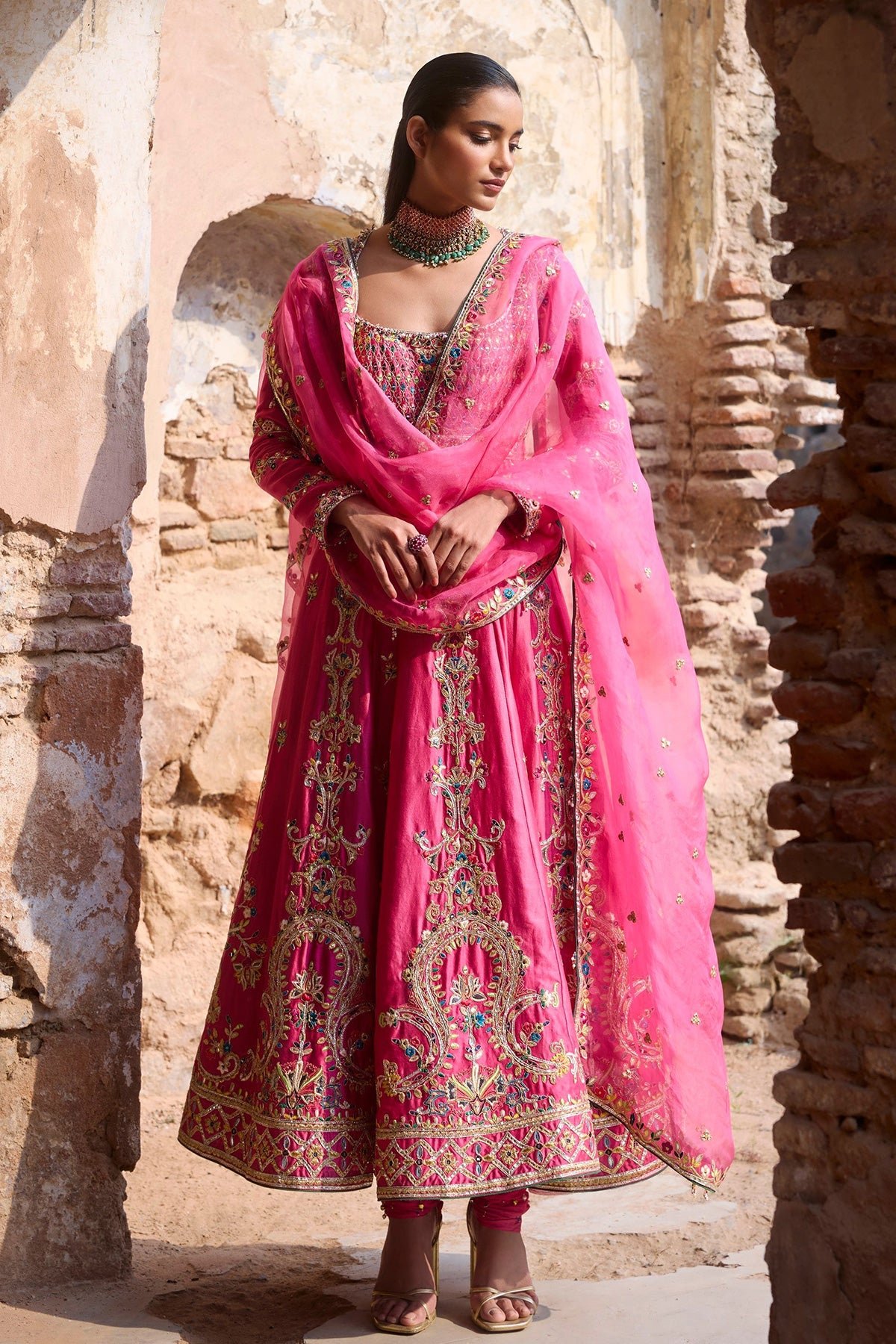 PINK CHANDERI ANARKALI SET