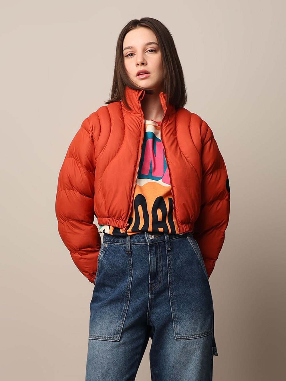 ORANGE CROPPED QUILTED PUFFER JACKET