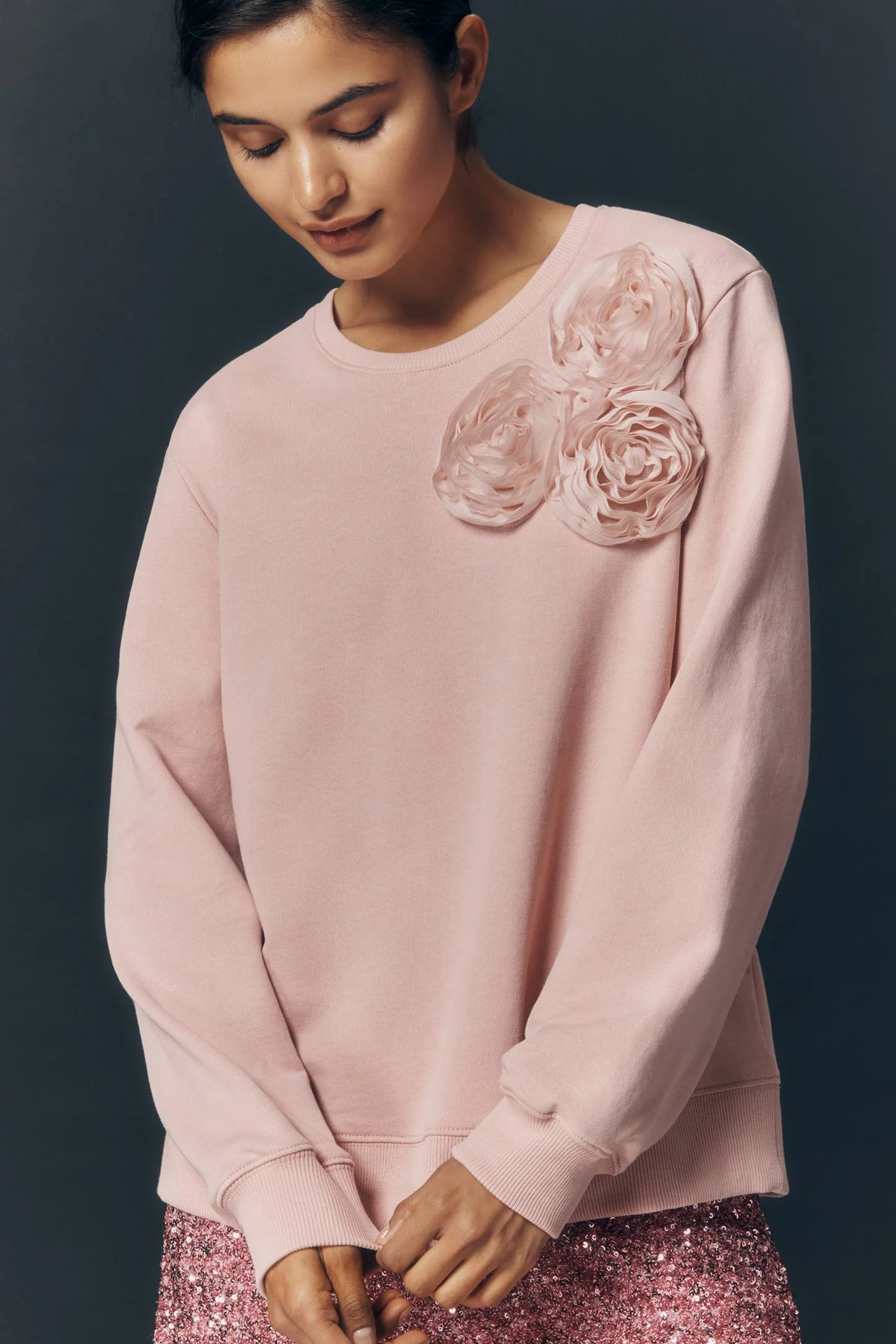MAEVE 3D ROSE EMBELLISHED SWEATSHIRT