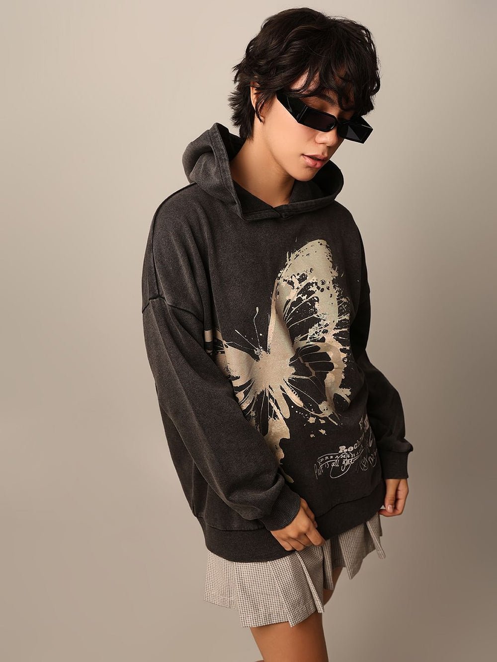 BLACK PRINTED OVERSIZED HOODIE