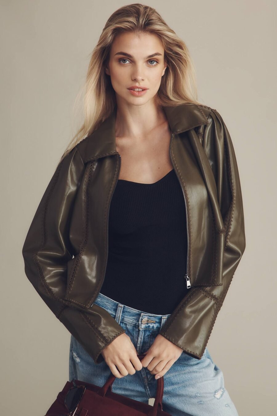 THE FREYA FAUX LEATHER WHIP-STITCH SWING JACKET
