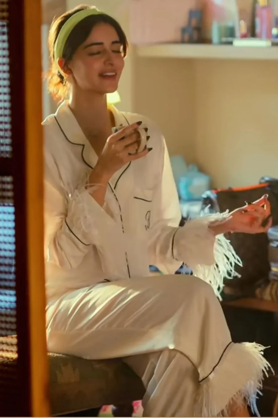 WHITE ANANYA PJ SET IN SATIN WITH FUR DETAIL