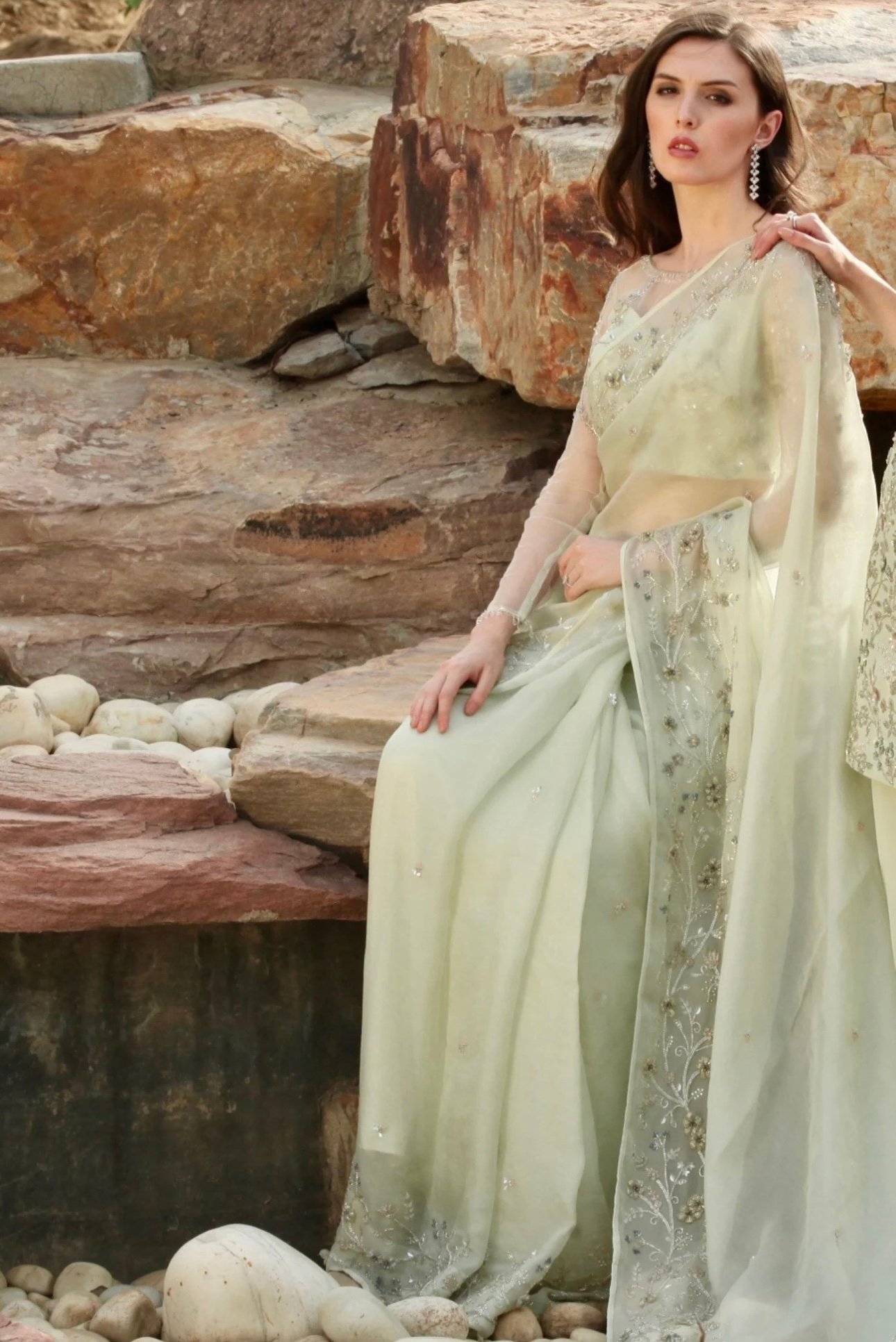 LIGHT GREEN CRYSTAL AND GLASS BEAD EMBELLISHED SILK ORGANZA SAREE