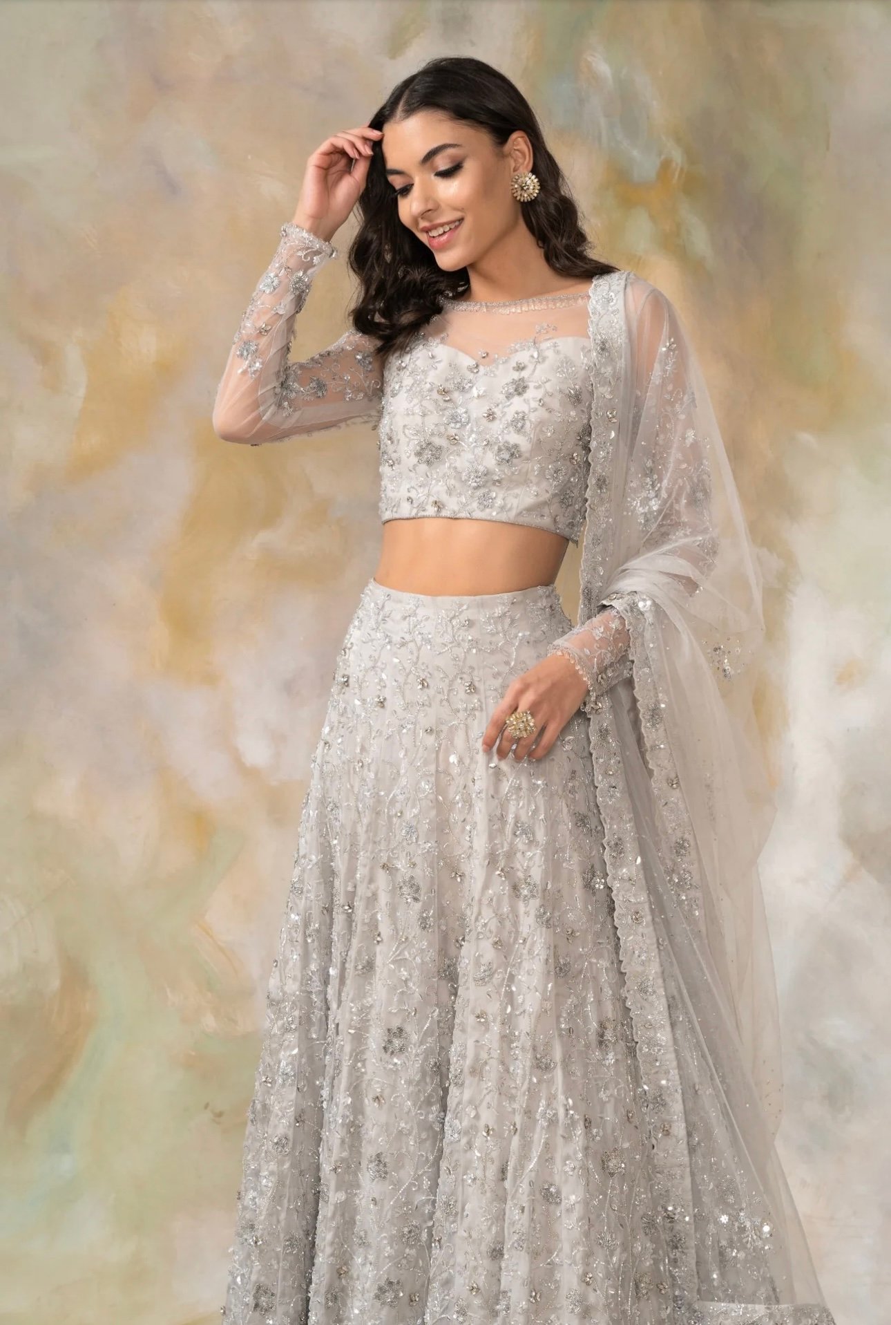 SILVER CRYSTAL AND SEQUIN EMBELLISHED SILK ORGANZA LEHENGA SET