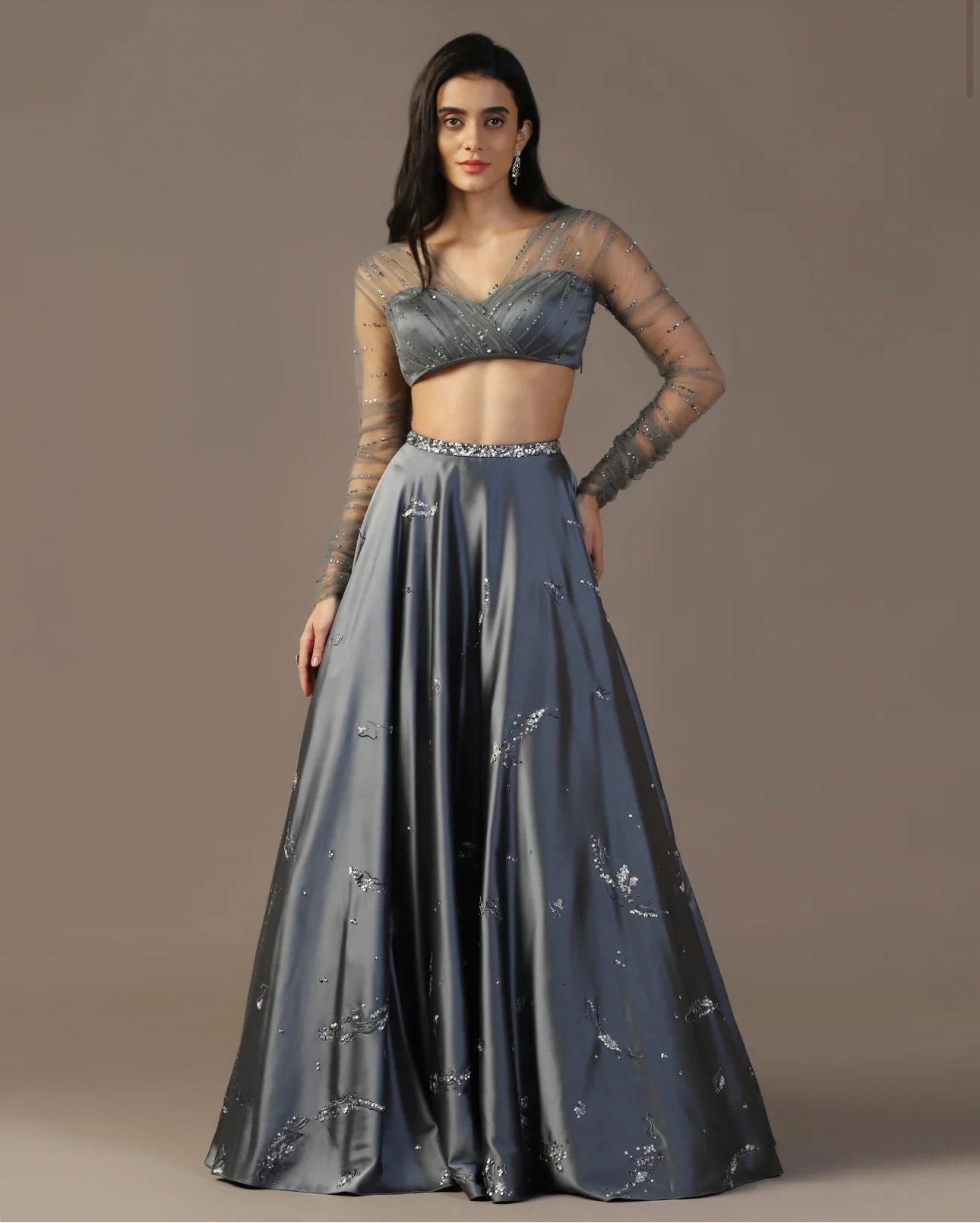 GREY SATIN LEHENGA SET WITH GATHERED SLEEVES BLOUSE