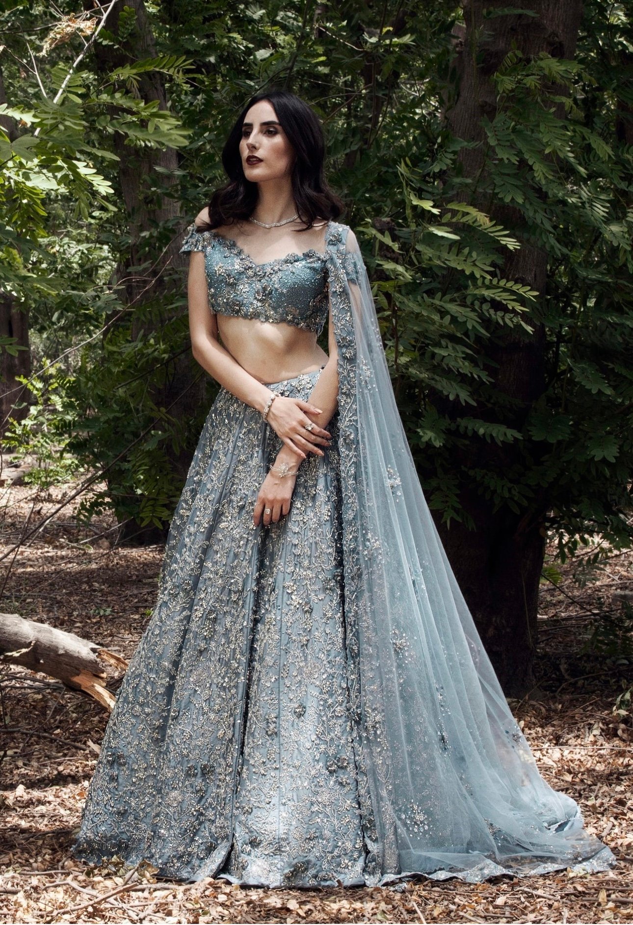 CERULEAN BLUE 3D FLOWER EMBELLISHED LEGANGA SET