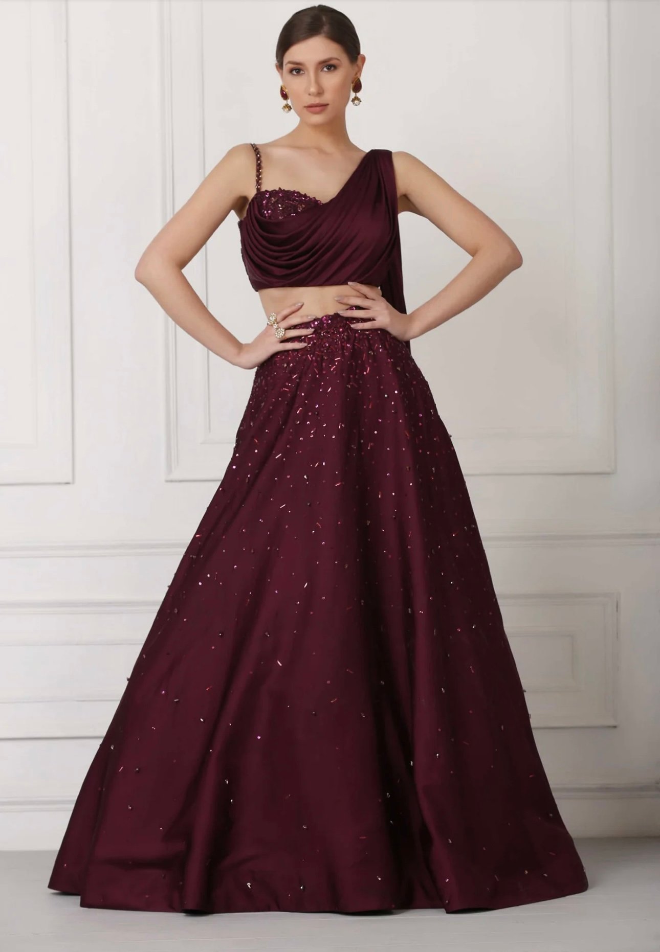 WINE SATIN DRAPED BLOUSE AND SKIRT SET