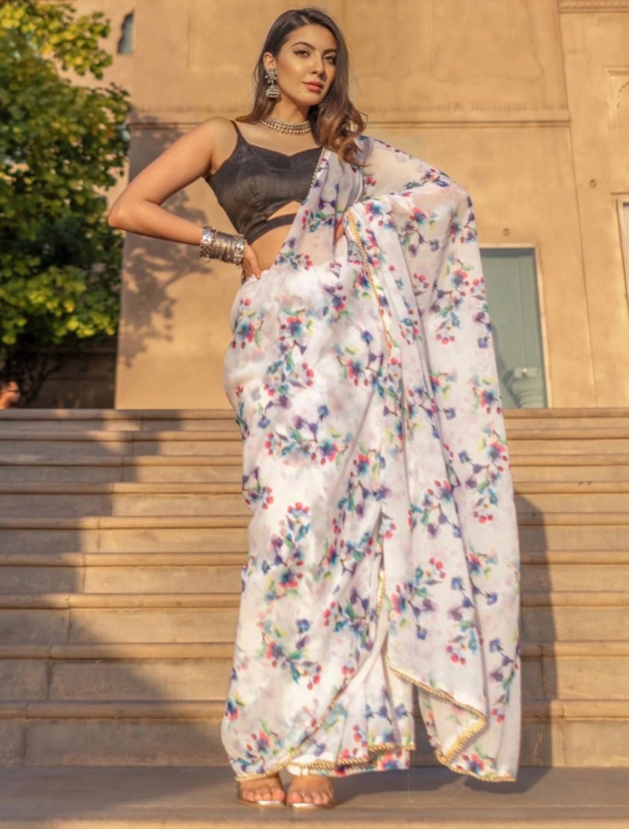 BLACK GEORGETTE SAREE WITH UNSTITCHED BLOUSE