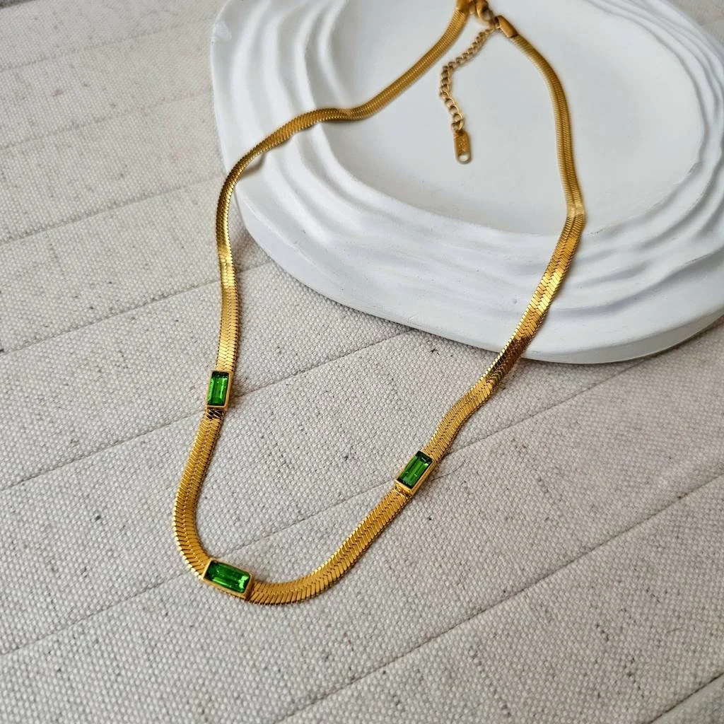 Gold Plated Green Stud Snake Necklace