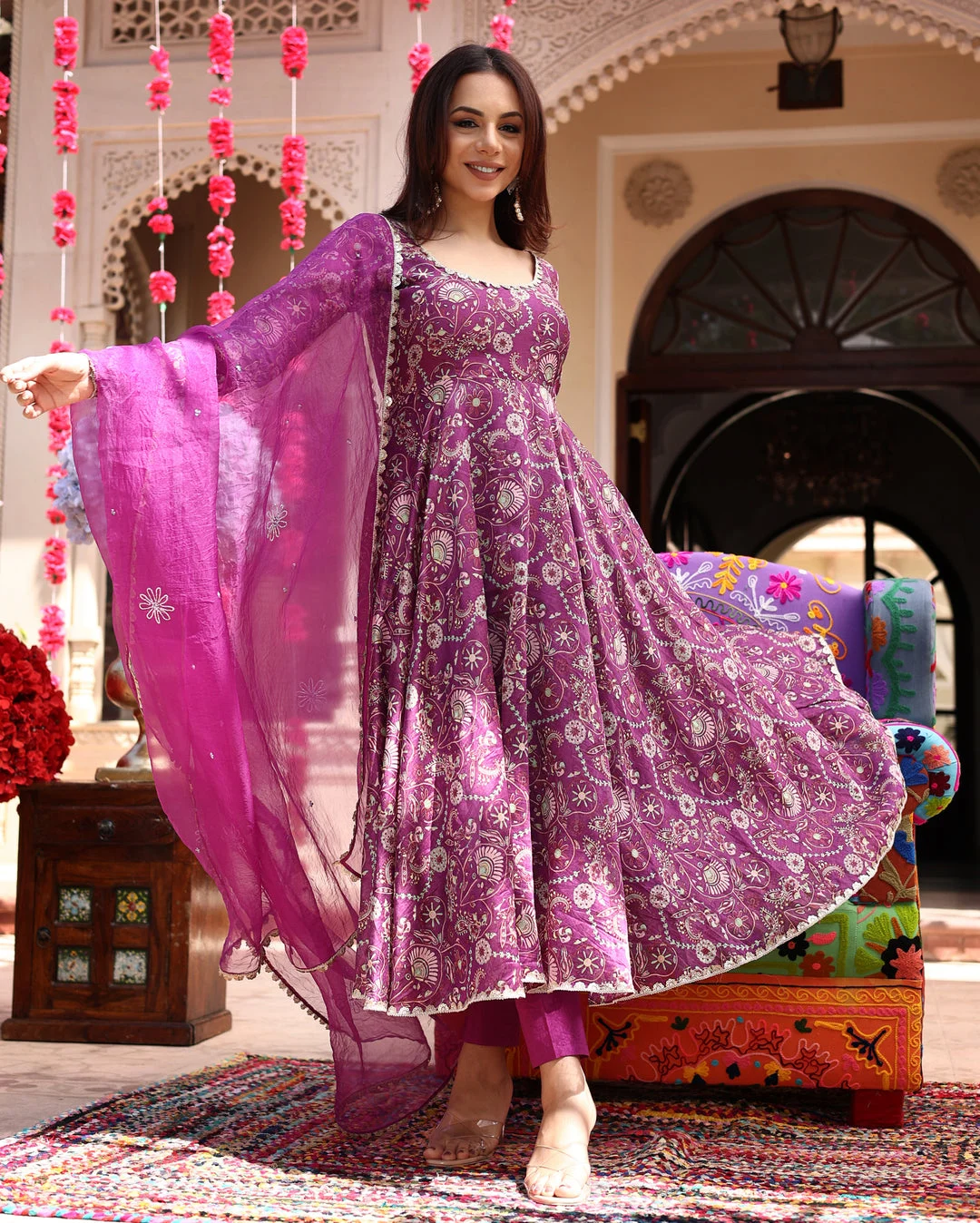 FLORAL LAVENDER HUES PRINTED CHANDERI SUIT SET