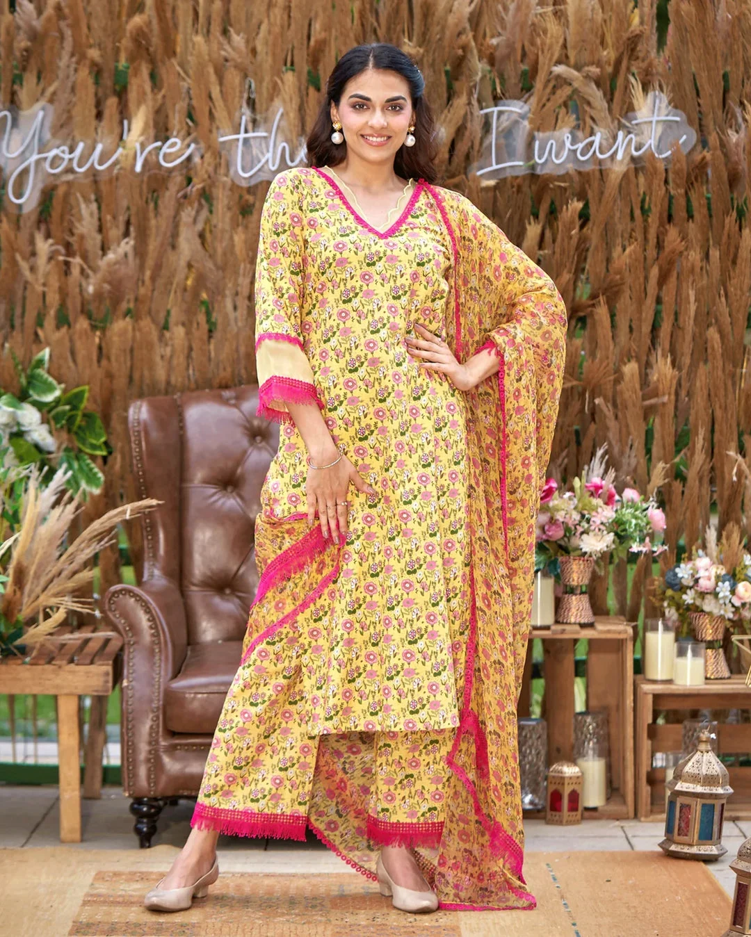 FLORA YELLOW PRINTED COTTON SUIT SET