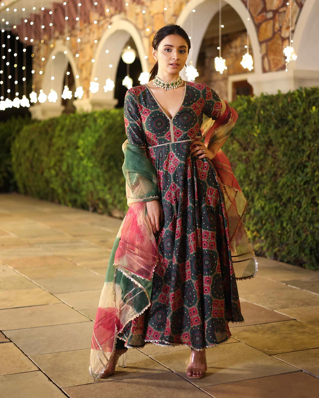 GREEN ENIGMA DELIGHT PRINTED CHANDERI