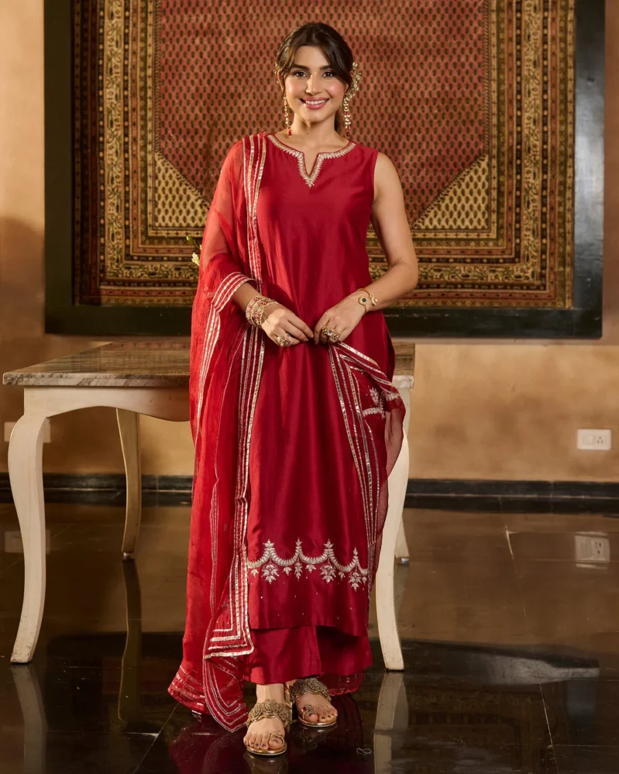 JUGNI MAROON SOLID CHANDERI SUIT SET