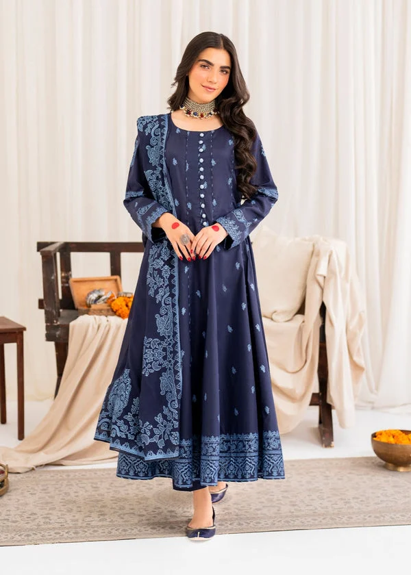 Elegant deep navy blue embroidered Anarkali suit paired with a matching shawl-style dupatta