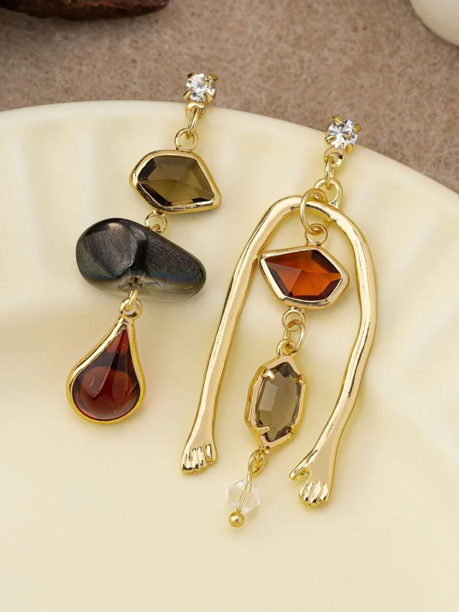 Asymmetrical Gemstone Drop Earrings With Hand Detail