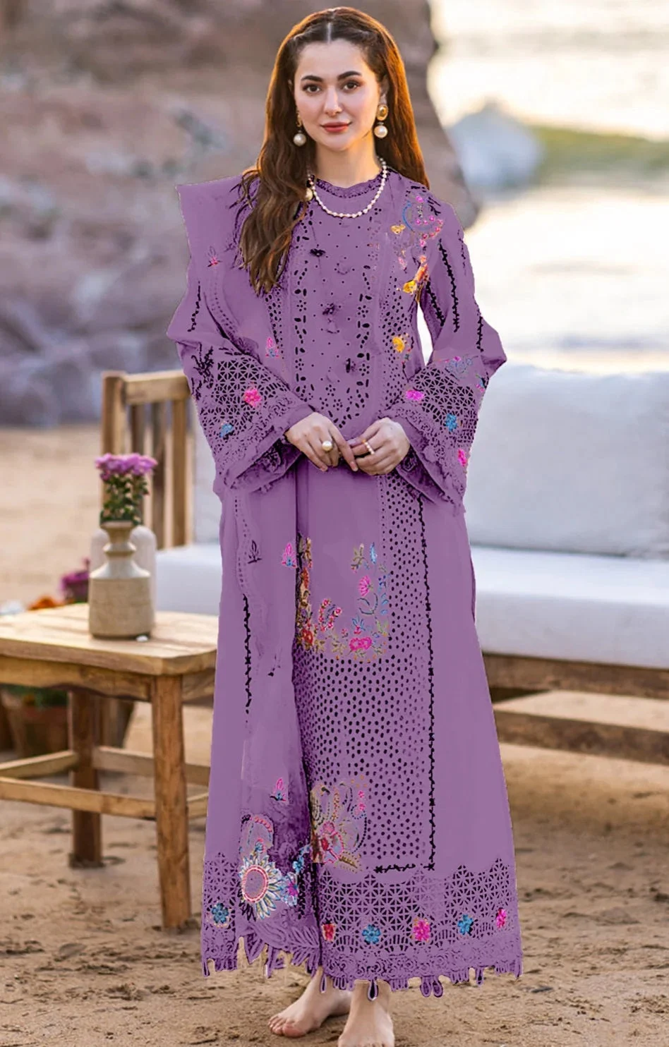 Qalamkar Luxury Chiken Kari Lawn 3 Pieces stitched Lavender FP-09 SELIN